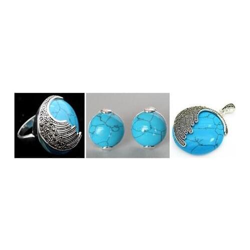 Vintage Blue Turquoise 925 Sterling Silver Marcasite Ring (#6-9) pendant and earrings sets