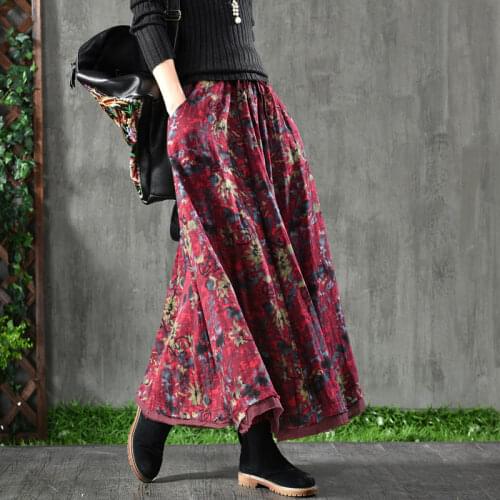 Vintage Double-layer Skirt Women Spring Autumn Retro Floral Cotton and Linen Skirt Elegant Woman Elastic Waist Jupe Femme f2623