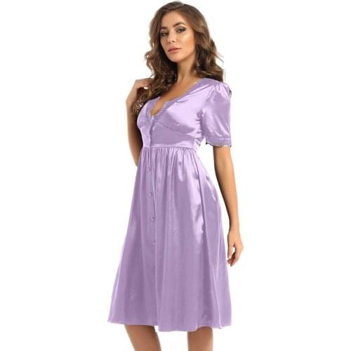 Womens Nightgowns Dresses Thin Silk Pajamas Homewear Short-Sleeve Front Button Long Pajamas Princess Dress with Ice Silk Lace