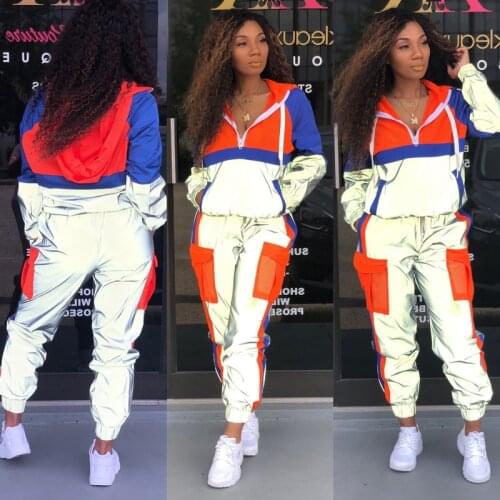 Reflective Glitter Color Block Patchwork Sport Two Piece Set Women Hooded Sweatshirt Top Jogger Pants Matching Tracksuit Outfit