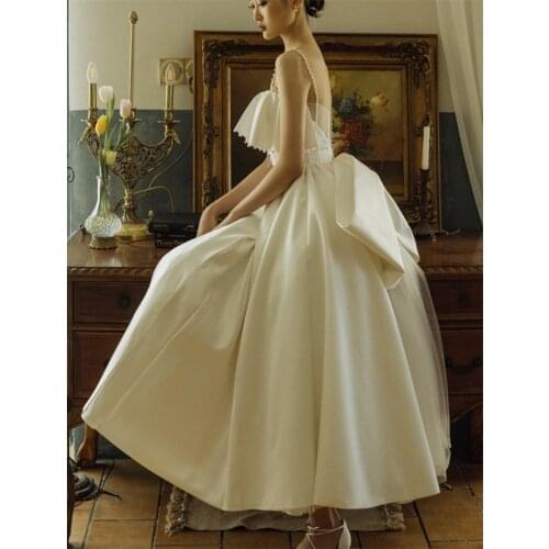 Elegant Satin Spaghetti Straps Pearl Sleeveless A-line Vintage Ankle Length Wedding Gown Wedding Dress Bride robe de mariée