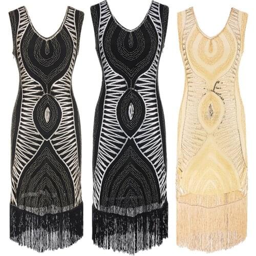 Beauty-Emily V Neck Evening Dresses Sleeveless Stripe Sequins Appliques Short Lace Tassel Retro Vintage Party Prom Party Gowns