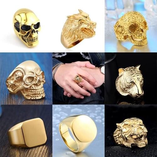 Golden Tiger Gothic Titanium Rings Punk Rock 316L Stainless Steel Finger Ring Mens Biker Male Jewelry
