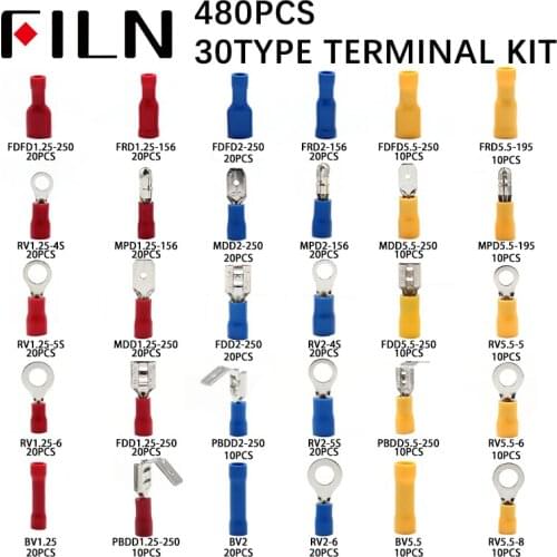480pcs/BOX 30types Group Combine Boxed Terminal Cold Pressure Electrical Wire Crimp Kit Insulated Spade Butt Connectors Assorted