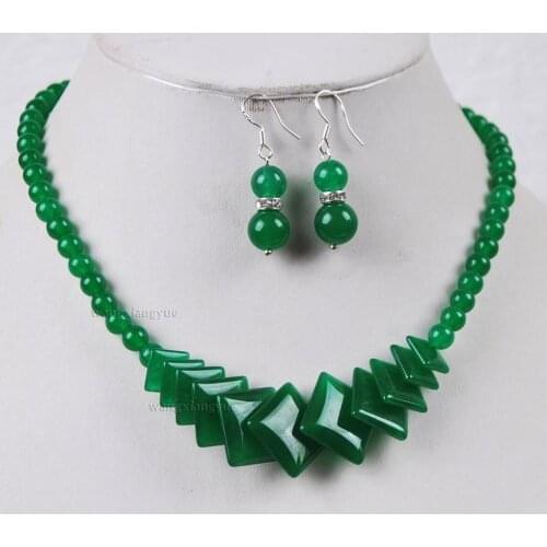6-18mm Natural Green Jade Round & Square Beads Jewelry Necklace Earrings Set AAA jade