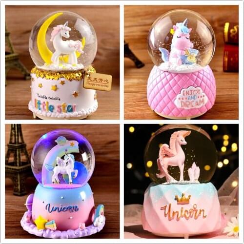 Crystal Ball Music Box Pink Girl Gifts Star Moon Rainbow Unicorn Glowing Snowflakes Music Box Home Decoration Desktop Ornament