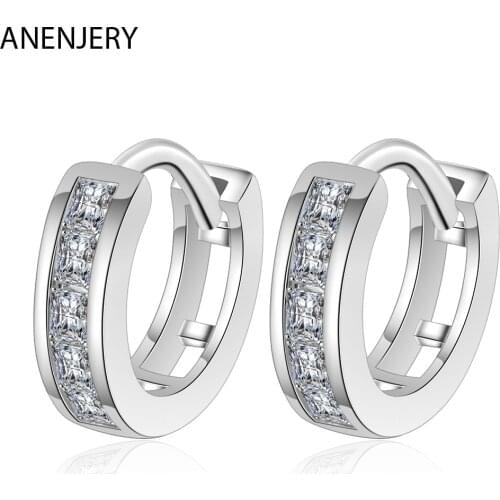 ANENJERY 925 Sterling Silver Single Row Cubic Zircon Hoop Earrings With Earrings For Women Men Gifts Dropshipping S-E997
