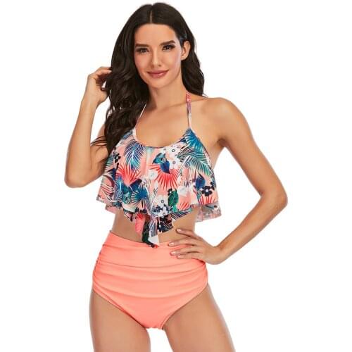 Bikinis 2021 Mujer New Style Swimsuit Women Ladies Split Cover Belly Ruffle Print Sexy Bikini Swimwear Womens Swimming Suit