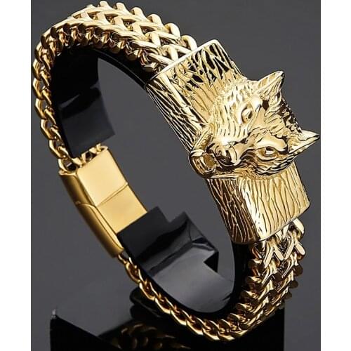 Gothic Mens Stainless Steel Wolf Head Franco Link Curb Chain Bracelet with Magnet Clasp Mens Bracelets On Hand Viking Jewelry
