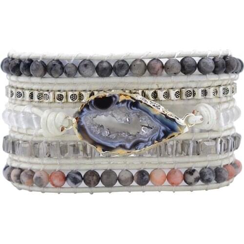 Unique Natural Stones Druzy Wrap Bracelet Female Handmade Boho Bracelet For Women Girls White Leather Bracelet Dropshipping