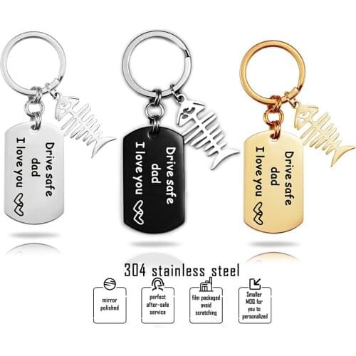 Dog Tag Fish Bone Key Chains Stainless Steel Keychains Drive Safe Dad I Love You Gift for Fathers Day Men