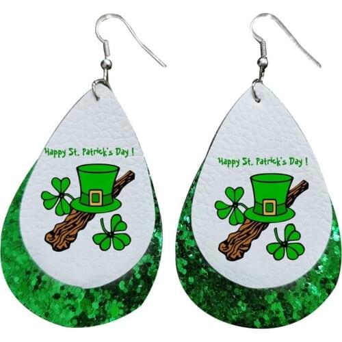 Two Layers Green Glitter Leather Earrings For Happy St Patricks Day Amscan Felt Irish Hat Shamrock