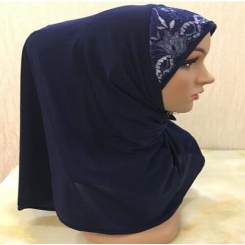 H1330 latest muslim one piece pull on hijab with lace top islamic amira muslim scarf arabic headwrap