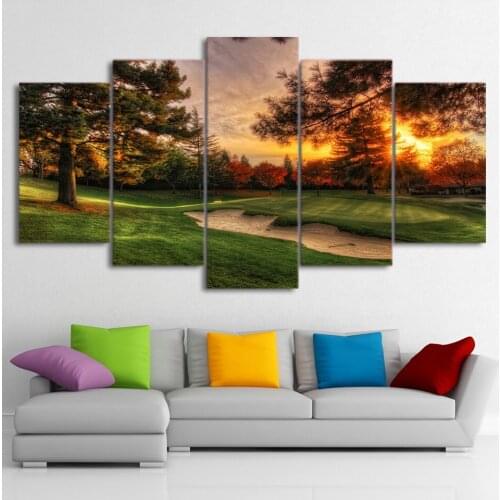 Wall Art Living Room Print HD Frame Home Decor Canvas 5 Panel Sunset Trees Golf Course Landscape Modern Painting Poster Pictures