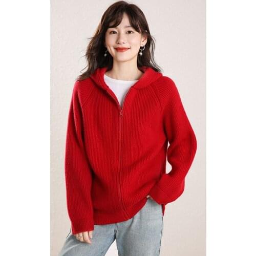 Hooded cashmere sweater women zipper cardigan pure cashmere sweater coat