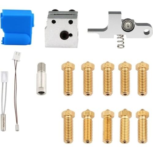 H05A 3D Printer Extruder Kit Heating Tube Thermistor 10 Nozzles M6 Hose Printer Hotend Heating Block Handle Kit 15pcs
