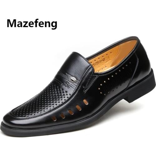Mazefeng 2019 New Summer Men Casual Leather Shoes Business Male Hollowed Out Shoes Solid Men Shoes Slip-on Round Toe Breathable