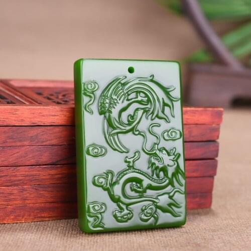 Natural Green Hand-carved Jade Pendant Pendant Jewelry Necklace Dragon and Phoenix Chengxiang Safe Nothing Brand Jade Pendant