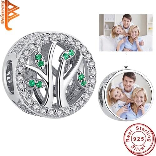 BELAWANG Wholesale 925 Sterling Silver Family Tree Beads Customize Photo European Charm Fit Original Bracelets DIY Jewelry
