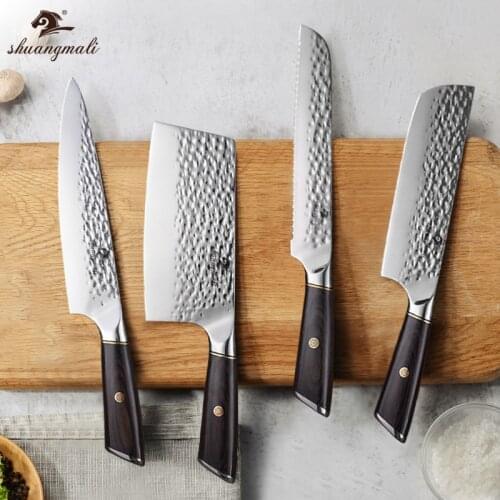 Shuangmali 4PCS Kitchen Chef Knife Set 5Cr15 Stainless Steel Chef Knives Utility Chinese Cleaver Vegetable Bread Slicing Knife