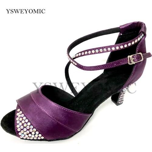 Rhinestone Low Heel 6cm Purple Satin Latin Dance Shoes Women Waltz Soft Suede Outsole Indoor Ballroom Salsa Dance Shoes