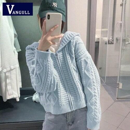 Vangull Autumn Winter Knitted Hooded Sweater Women Cardigans Solid Color Full Sleeve Zipper Female Twist Sweater Outerwear Tops