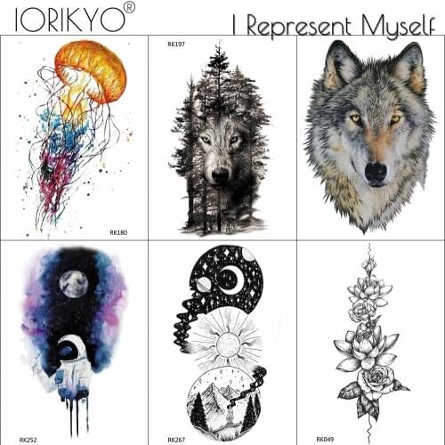 IORIKYO Black Forest Wolf Temporary Tattoo Men Body Art Drawing Waterproof Tattoo Galaxy Astronaut Women Fake Arm Tatoos Sticker