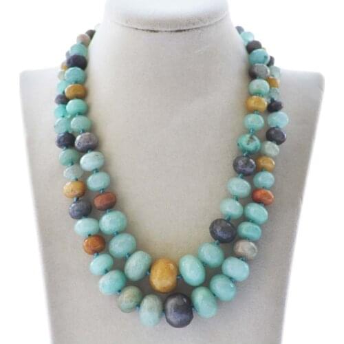 Z10021 2Row 18" 20mm Round Faceted Blue Amazon-Stone Bead Tower Necklace