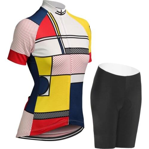 NWE Womens Color grid Cycling Jerseys Short sleeve Cycling clothing bicycle wear Cycling Sets shorts gel Pad