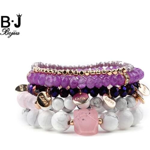 BOJIU 5 Pcs/Set Natural Stone Crystal Women Bracelets White Howlite Pink Labradorite Purple Grape Crystal Bead Bracelet BCSET197