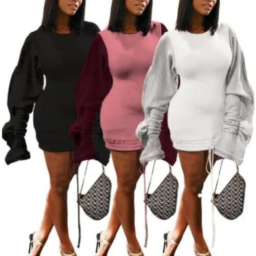 Woman Autumn Dress 2021 Velvet hollow-out Agaric Sleeve Into Round Collar Draw String Sexy Dress Vestido De Mujer LBD1601