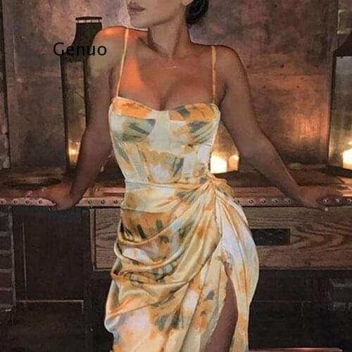 Women Vintage Yellow Tie Dye Flower Print Spaghetti Strap Dress Hem Slim Waist Slit Irregular Long Dresses Sling