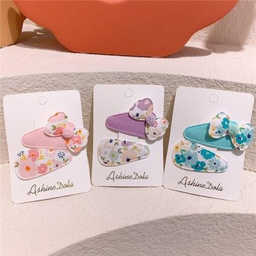 2 Pcs New Korean Fashion Childrens Hairpins Sweet Girl Baby Simple Cute Print Fabric Bow Water Drop BB Clip Hair Accessories