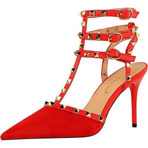 2021 Roman-style Women Sandals Summer Sexy Club Ladies Pumps Flock Pointed-toe Rivets Female Office High Heels Woman Party Shoes