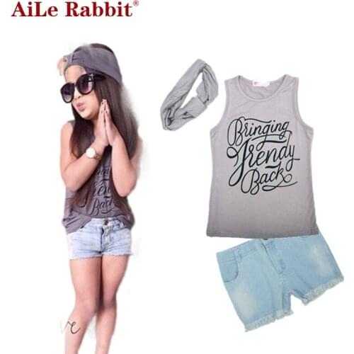 AiLe Rabbit Girls clothes set fashion T-shirt + jeans + headband 3pcs suit scarf Denim shorts Kids clothes childrens set