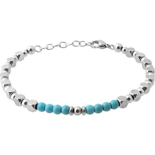 Runda Fashion MenS Beaded Bracelet Blue Natural Stone With Stainless Steel Beads Handmade Boyfriend Holiday Gift