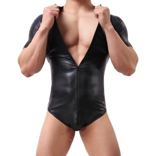 Man PU Leather Bodysuit Men Sexy Modal Bodybuilding Singlet Male Spandex Slimming Wrestling Zipper Short Sleeve Bodysuits