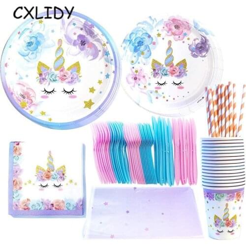 Fantasy Purple Unicorn Party Tableware Tablecloth Plate Purple Birthday Party Paper Cup Paper Tissue Children Party Tableware