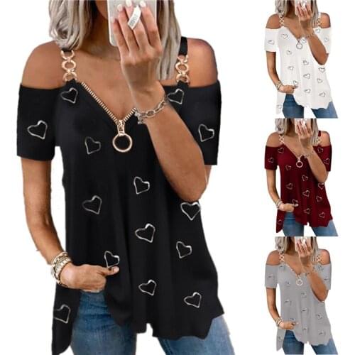 Heart-Shaped T Shirt Women Zipper Decoration V-Neck Short-Sleeved Simple Style Top Woman Love Heart Prints Streetwear