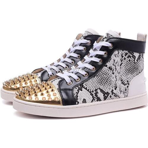 Qianruiti Brand Shoes Men Python Print Sneakers Rivets Studs Casual Shoes High Top Platform Flats Snakeskin Sneakers Hombre