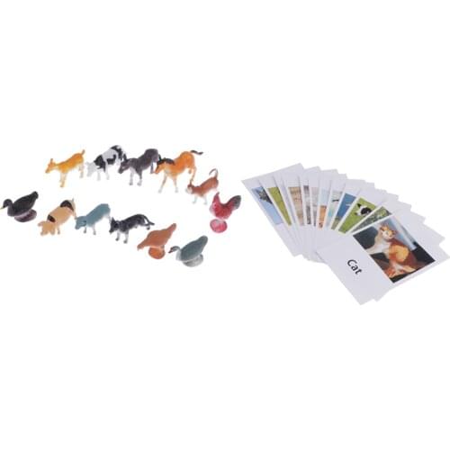 Montessori Learning Materials Toy - 12pcs Miniature Farm Animal Figure Match Set Matching Cards Game