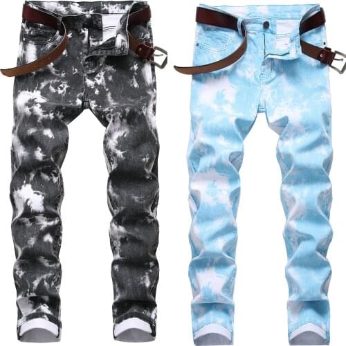 Men’s watercolor paint elastic denim pants fully prints slimming casual jeans street fashion pants jeans men