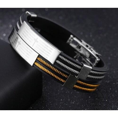 Titanium steel mens silicone Wire bracelet bible Cross ID Bracelet 8.26