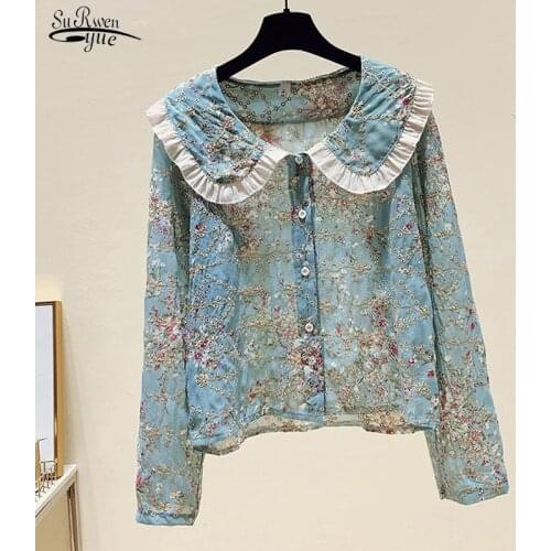 2021 Autumn Crocheted Temperament Shirt Women Elegant Light Mature Shirt Lady Comfort All-match Long-sleeved Shirt Female 15844