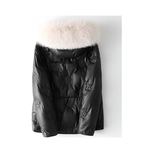 Fashion Women Fox Fur Collar Genuine Real Sheep Leather Coat H2