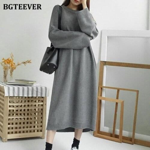 BGTEEVER Ladies Oversized Solid Sweaters Long Dress 2021 Autumn Winter O-neck Full Sleeve Knitted Women Dress Casual Vestidos