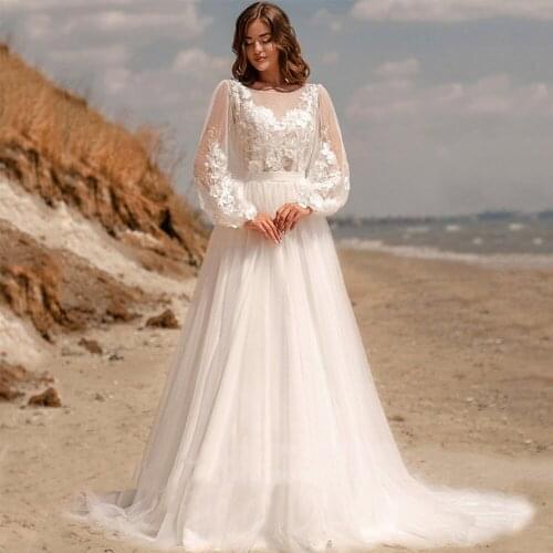 Bohemian A Line Tulle Wedding Dress Long Puff Sleeve Applique 2021 Bride Dress Beach Sexy Wedding Gowns with Train