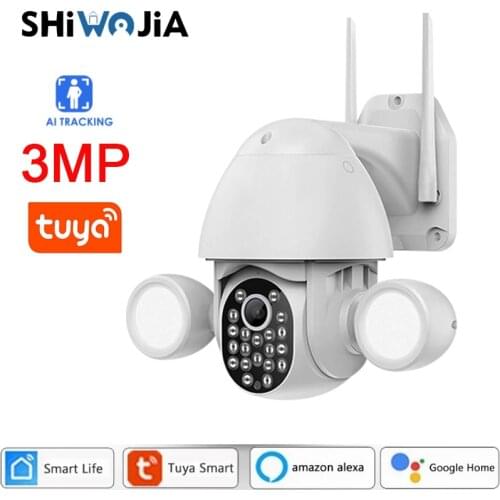 SHIWOJIA WIFI 3MP Tuya Floodlight Courtyard Lighting Camera AI Mobile Detection Outdoor Security CCTV Camera With Google Alexa