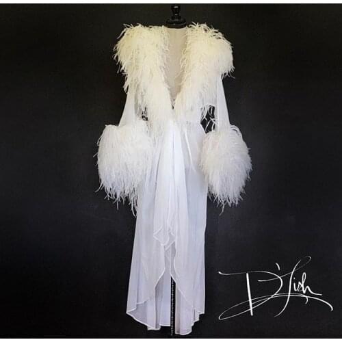 Luxury Feather Prom Pregnant Party Sleepwear Women White Bathrobe Nightgown Maternity Dress Custom Made Evening Gown