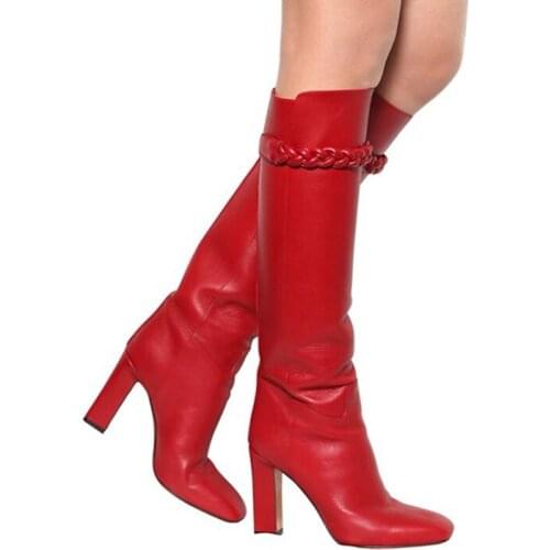Luxury women shhoes knee high boots and ankle boots fashion runway shoes red black browm boots thick heels shoes Winter boots